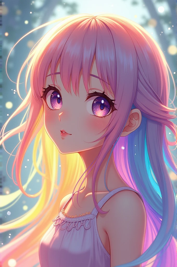 Generate an anime girl with rainbow hair