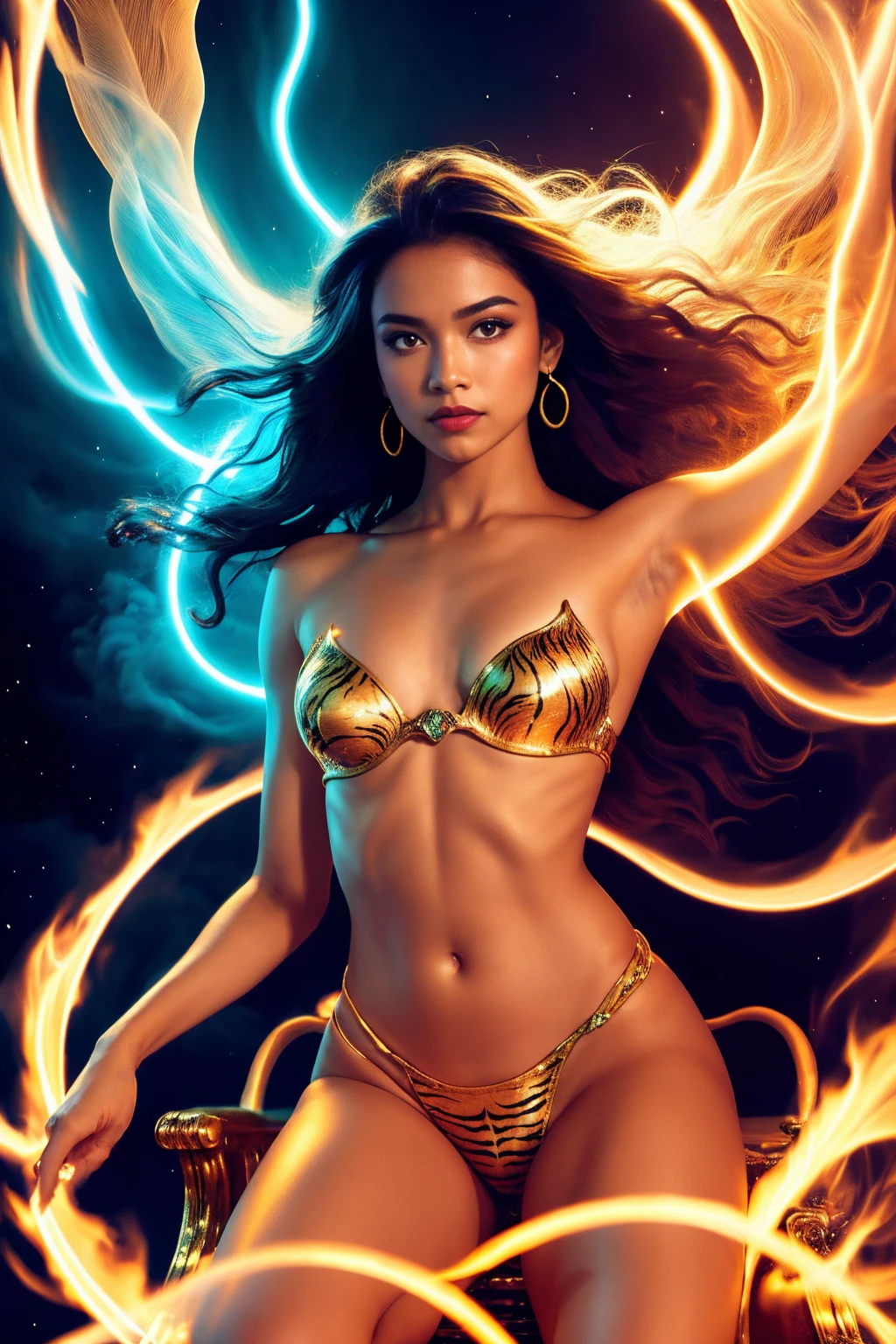 Misty Venus, sitting in golden throne, perfect body Torso, mythical style, perfect model, perfect face, face detailed, body wrapped_blue_flames, one_hand hold love_rod, perfect style, translucent color, seductive, transparent , liquid flames, whirl wind, neon light, UHD, hair blow, long waist hair, surrealism, epic realism, uphold hands, fire_tornado background, dark night scene, dark moon, standing on the clouds, ultra detailed, mystical ethereal, ((tiger ethereal)) yellow smoke