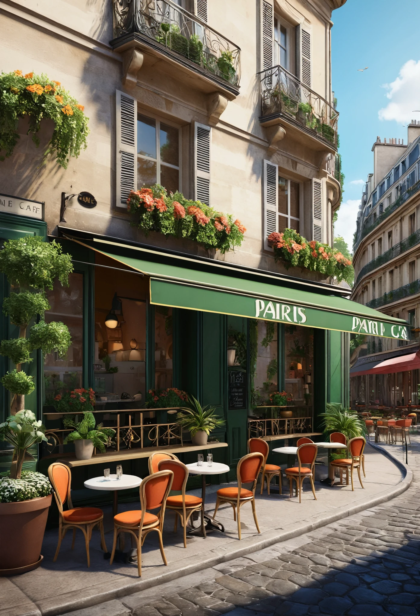 Paris cafe, Ultra-realistic, street, drinks on table, Chair, Potted plants  