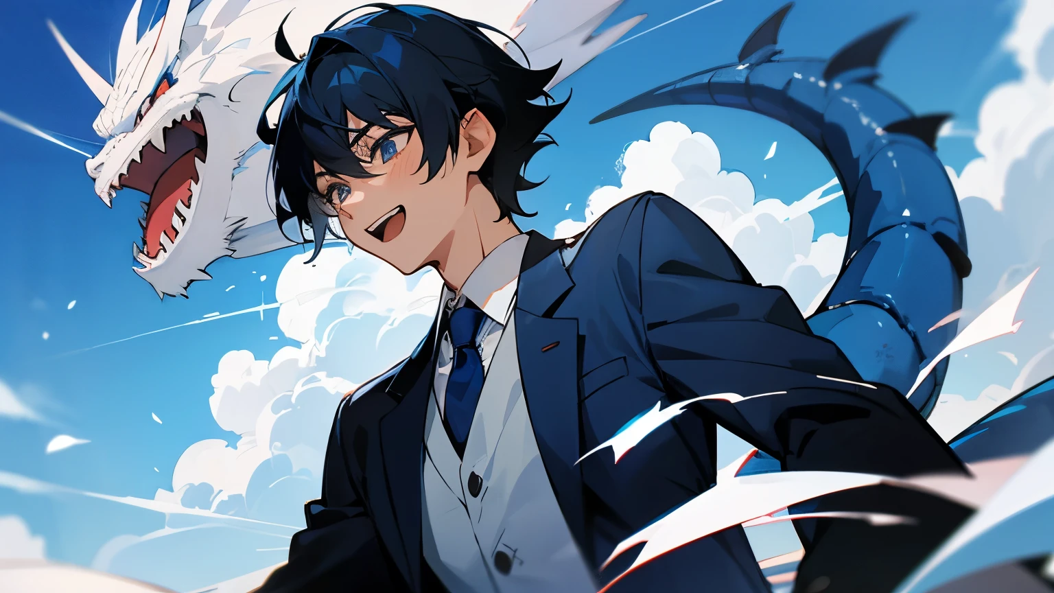 clear blue sky、Blue dragon flying in the sky、male、20-year-old、Black Hair、smile、Full of hope、アニメのmale、Kakoi、Five people with different hairstyles、White collared shirt、Lively、Highest quality、Masterpiece、bright、laughing、Serious face、Upper body angle、A blue dragon is in the background、Screaming