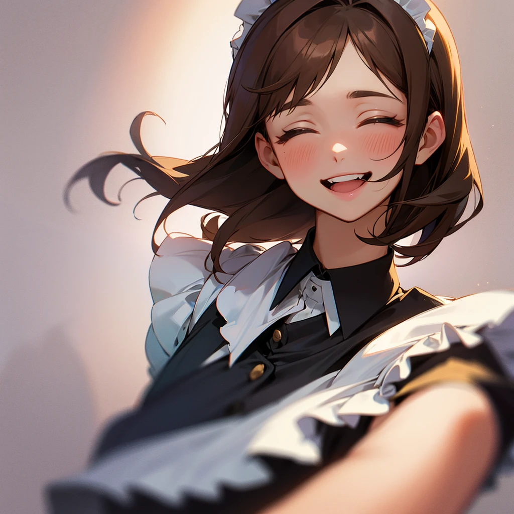 Maid uniform woman upper body brown hair laughing with mouth closed