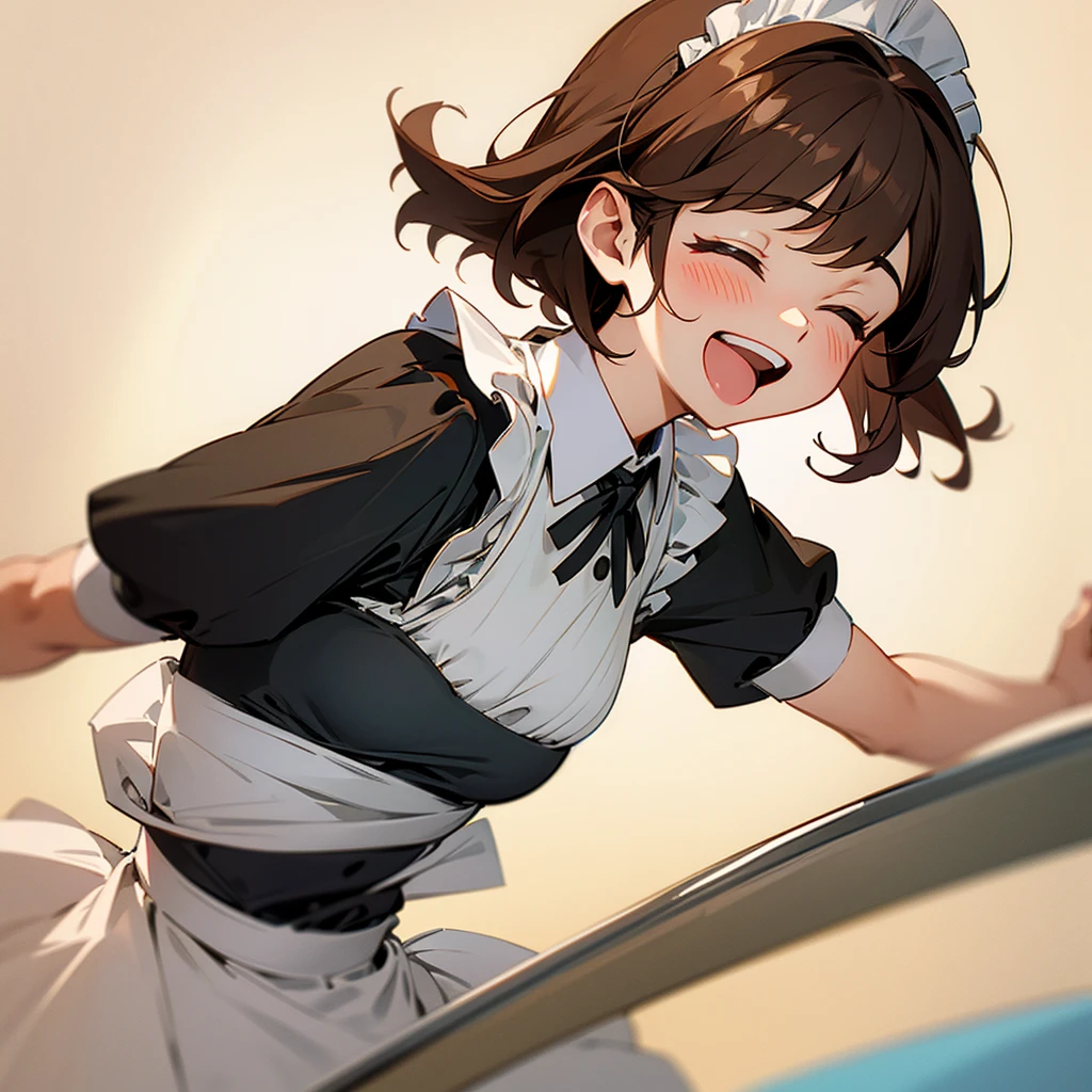 Maid uniform woman upper body brown hair laughing with mouth closed