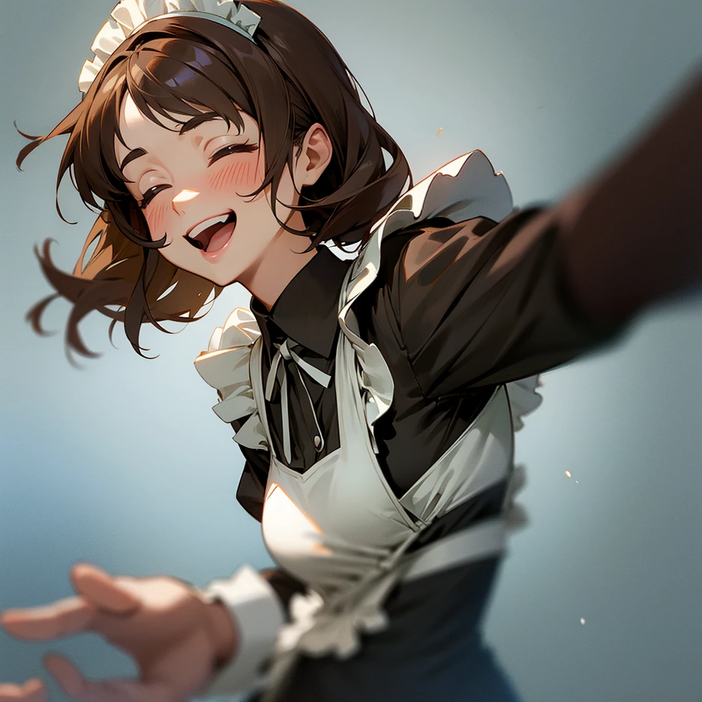 Maid uniform woman upper body brown hair laughing with mouth closed