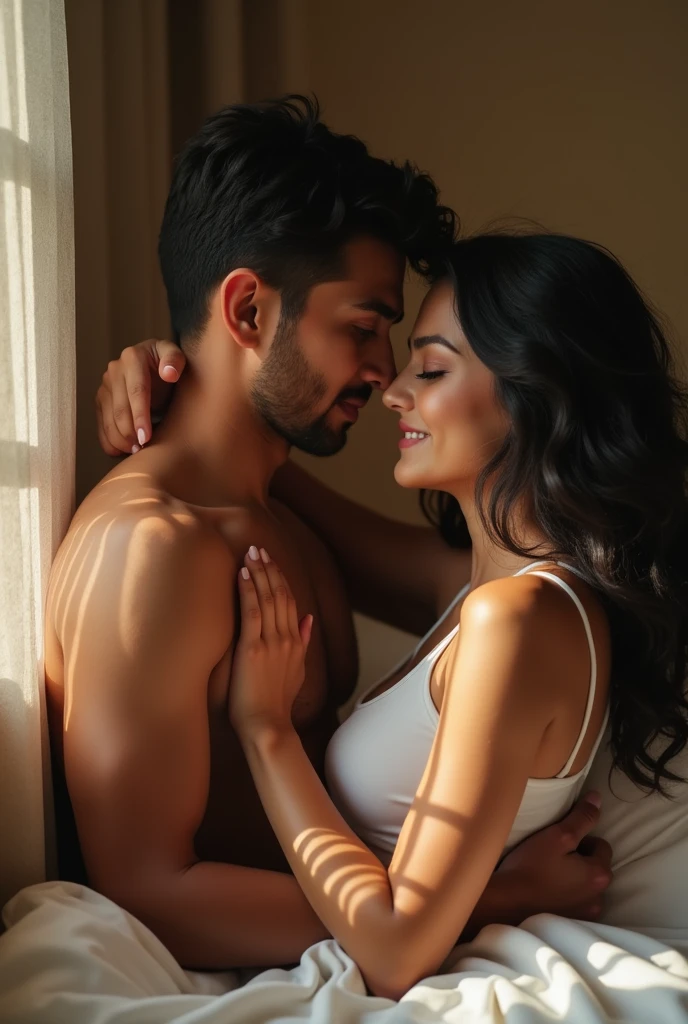 A beautiful gorgeous plump Indian 30 woman wearing a bra panty, long hair, huge breasts, hot body curves, smiley face, white skin, laying on bed with 25 year handsome man kissing each other