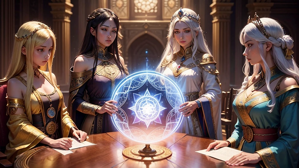 Create an image of the Council of Sages. The scene should be set in a grand, mystical chamber with intricate designs and magical symbols adorning the walls and floor. The members of the council, including the Legendary Hero, the Prince of Mages, the Mystic Queen, and the Living Being, should be depicted in their regal and powerful attire, seated around a large, ornate table. The atmosphere should be solemn and intense, reflecting the gravity of their discussion."