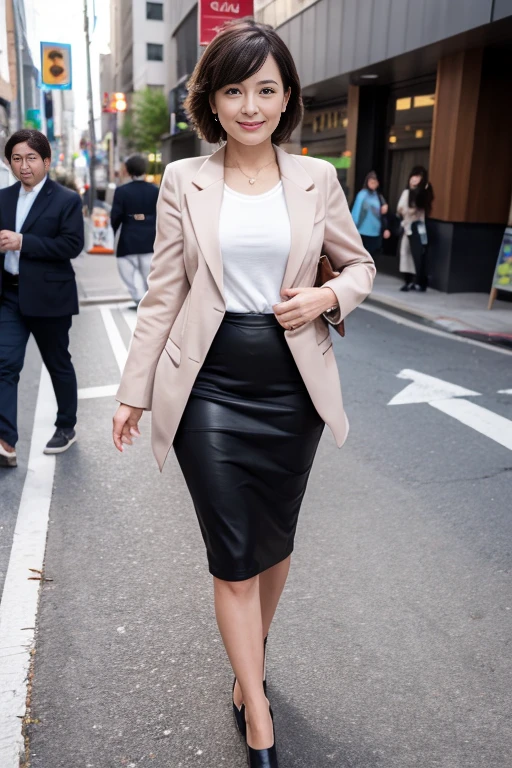 Beautiful Japanese Women、Beautiful mature woman、Classy sex appeal、sexy、(cotton tight skirt:1.4)、(blazer:1.2)、8K high resolution、(Poses that accentuate the buttocks:1.4)、Smiling Kindly、smile、Round face、thigh、Walking through the city, away from the viewers、Walking with my back exposed、