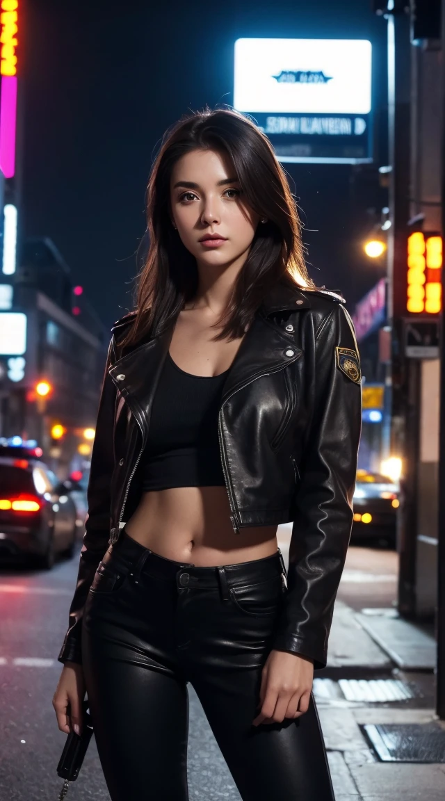 nude、Portrait of a beautiful female model natlp, Georgia Fowler, Beautiful Face, Short dark brown hair, Cyberpunk city at night. She is wearing a leather jacket, Black jeans, Dramatic lighting, (Police Badge:1.2)