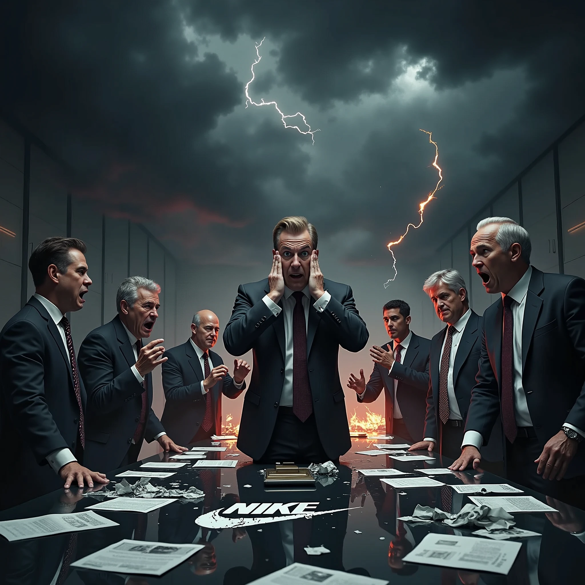 Create a hyper-realistic image depicting a catastrophic 50% drop in Nike's stock market value, symbolizing a severe and apocalyptic market crash. The atmosphere should be dark, ominous, and diabolical, evoking a sense of overwhelming crisis. The background should be a gloomy, stormy sky with swirling dark clouds and flashes of lightning, casting an eerie glow over a shattered stock market graph that shows a dramatic plummet.

In the foreground, show a group of high-ranking Nike executives in disarray, their expressions a mix of fear, panic, and despair. Their eyes should be wide with terror, some clutching their heads in disbelief, others frantically trying to salvage what they can. The surroundings should include burning stock certificates and crumpled financial reports scattered across a large conference table, with a large Nike logo that is cracked and crumbling.

Subtle details should include dark shadows looming over the executives, suggesting an almost supernatural force behind the crisis. The overall color palette should be dominated by deep reds, blacks, and grays, enhancing the atmosphere of doom and destruction. The image should capture the intensity and chaos of the situation, making it clear that this is a catastrophic event with dire consequences.

