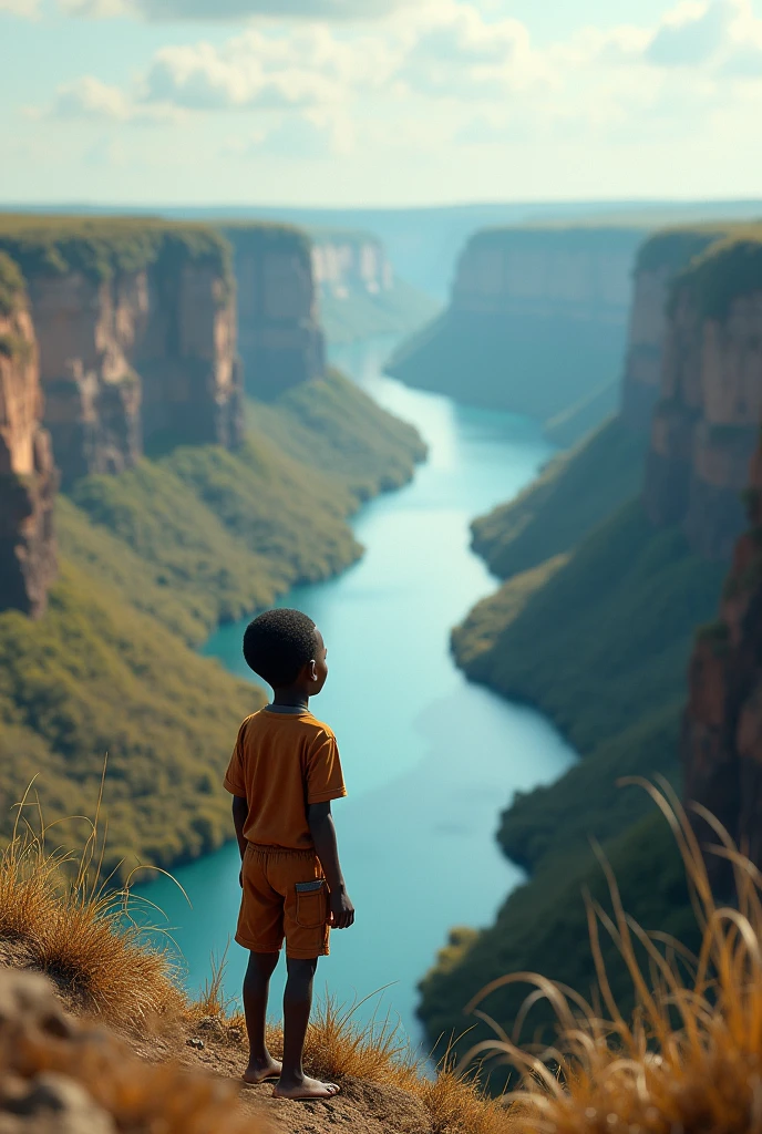African boy looking at anatomically correct river, no mistakes