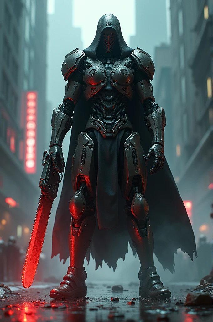 Dark_fantasy,cyberpunk,(chain saw,chain saw man,Red:1.1),1man,Mechanical marvel,Robotic presence,Cybernetic guardian,
