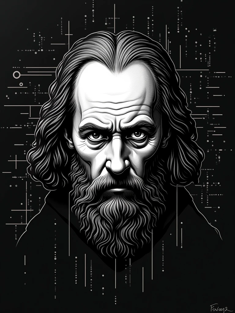 Hacker Poster Pixelated line drawing of Albrecht Dürer's face like a hacker