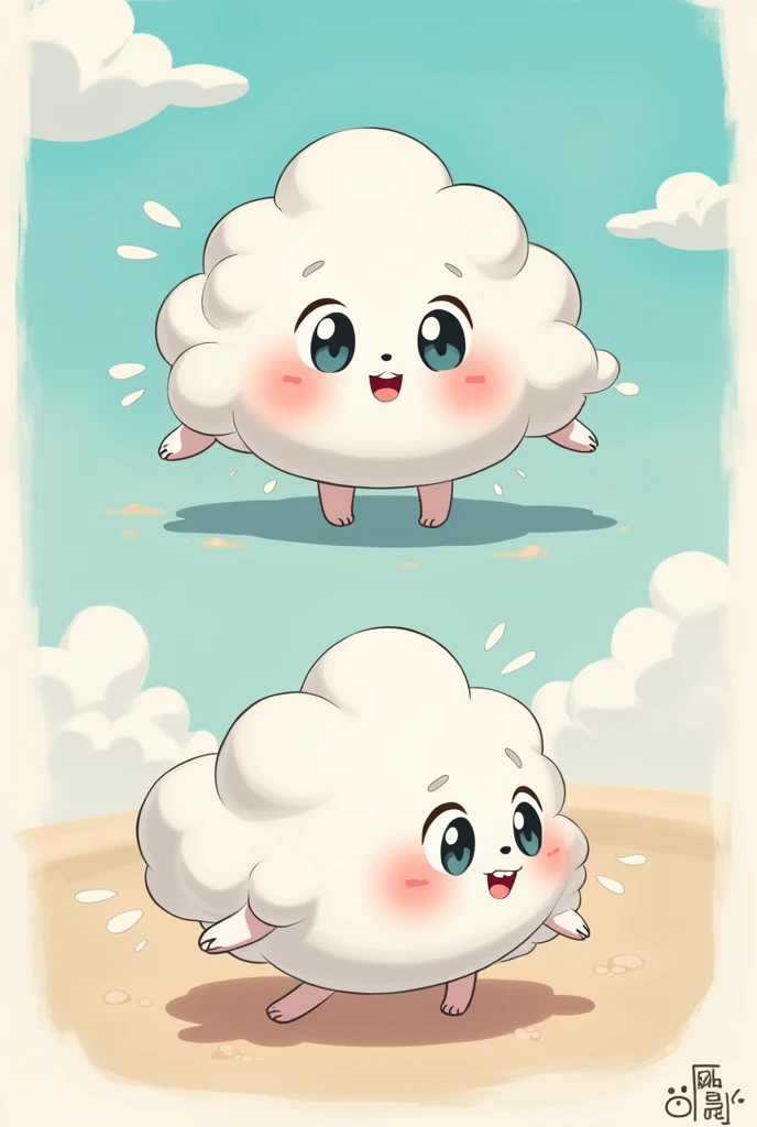 2 character concept art of a cartoon cloud character have leg and arm , funny , cute ,