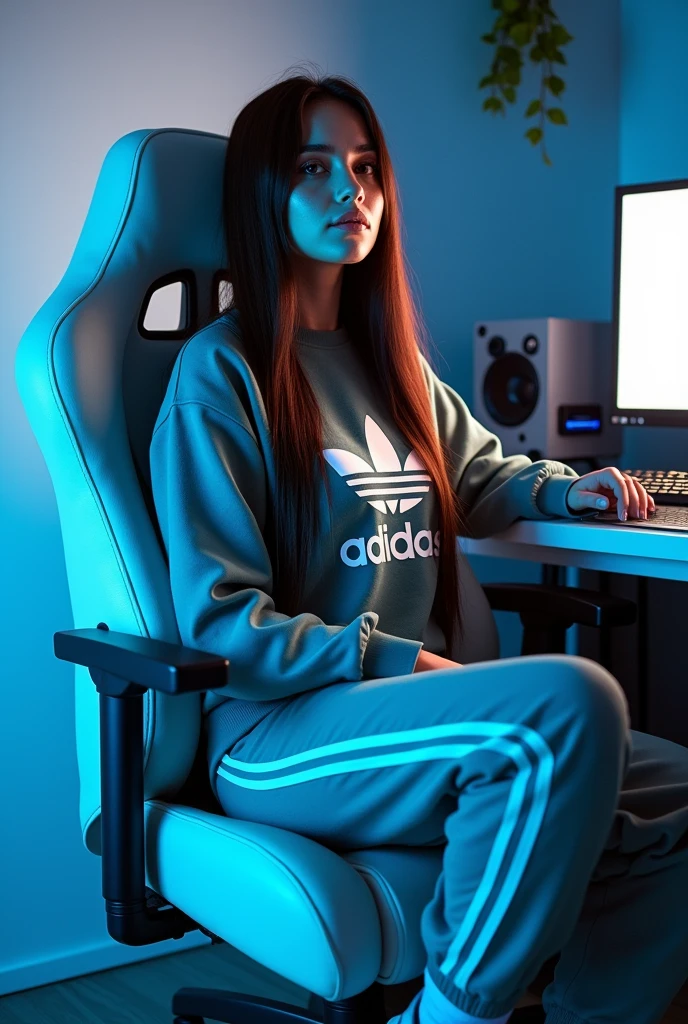 a woman with long, straight hair sitting on a white gaming chair, Adidas sweatshirt Adidas pants,streetwear, light blue skin, looks like laura barriales, detailed with high quality, high quality of image, 28 years old, taken in 2 0 2 0, Brazilian, high shoes, she is about 2 8 years old, blue corset, avatar image, on a table, skin fair