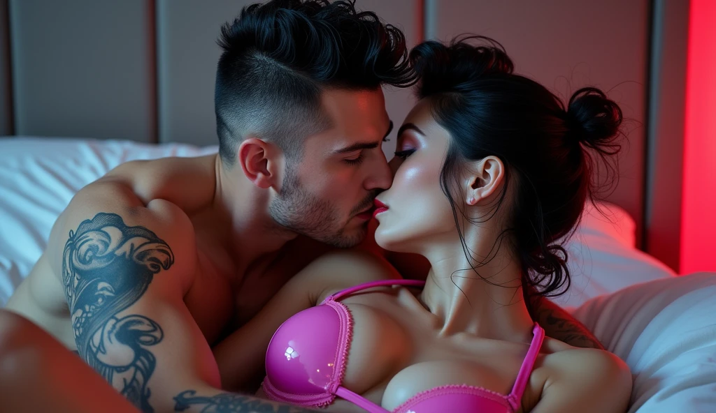 Fullbody picture of white skin Handsome  muscular horny nude sexy gay man wearing sexy shiny latex pink harness sexing with his girlfriend, shiny black Disconnected Pompadour oiled hair style, blue eyes, shiny black varnished vinyl shoes, red lip, chain, tattoos, horny, cum shot, sperm, milking penis, big penis, very big testicle, shiny oiled skin, orgasm, oversexed, at bed.