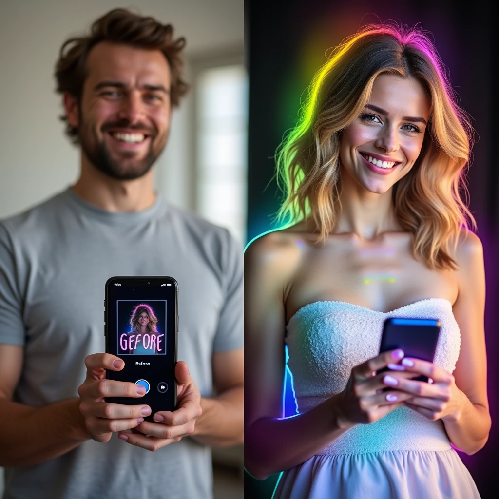 a before and after image. In the before frame, a man is holding a cell phone that says “gender transformation app”. In the after frame, he has transformed into a girly feminine woman doppelgänger of himself wearing a dress holding the same phone. She is euphoric with a rainbow aura around her