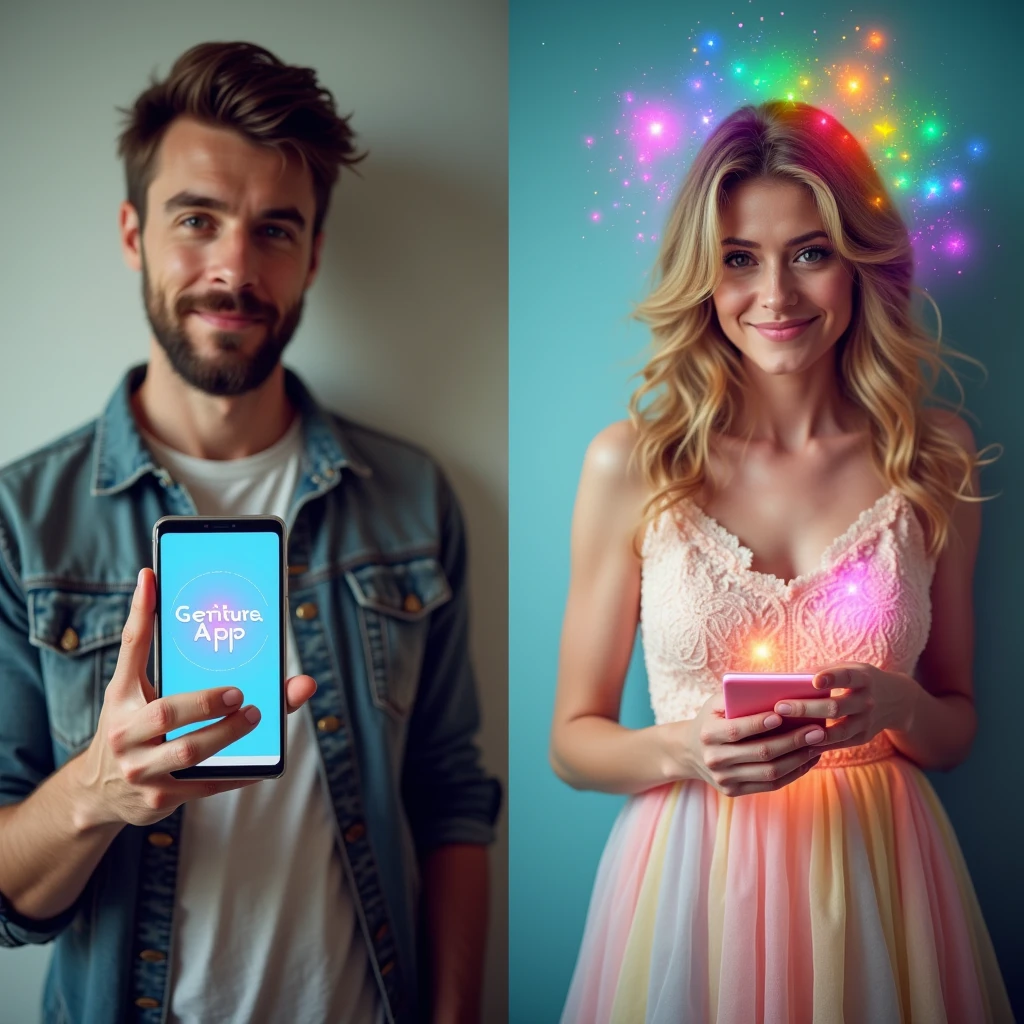 a before and after image. In the before frame, a man is holding a cell phone that says “gender transformation app”. In the after frame, he has transformed into a girly feminine woman doppelgänger of himself wearing a dress holding the same phone. She is euphoric with a rainbow aura around her