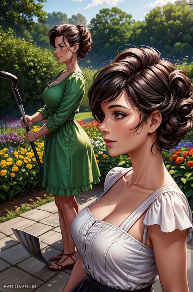 a woman with a shovel in a field of vegetables, caricature illustration, caricature style, in cartoon style, cartoon portrait, detailed portrait, laurie, gardening, high quality portrait, vacation photo, profile pic, profile picture, caricature, toony, added detail, high detailed cartoon, she is the center of the garden, caricature!!!, full color digital illustration, funny artwork