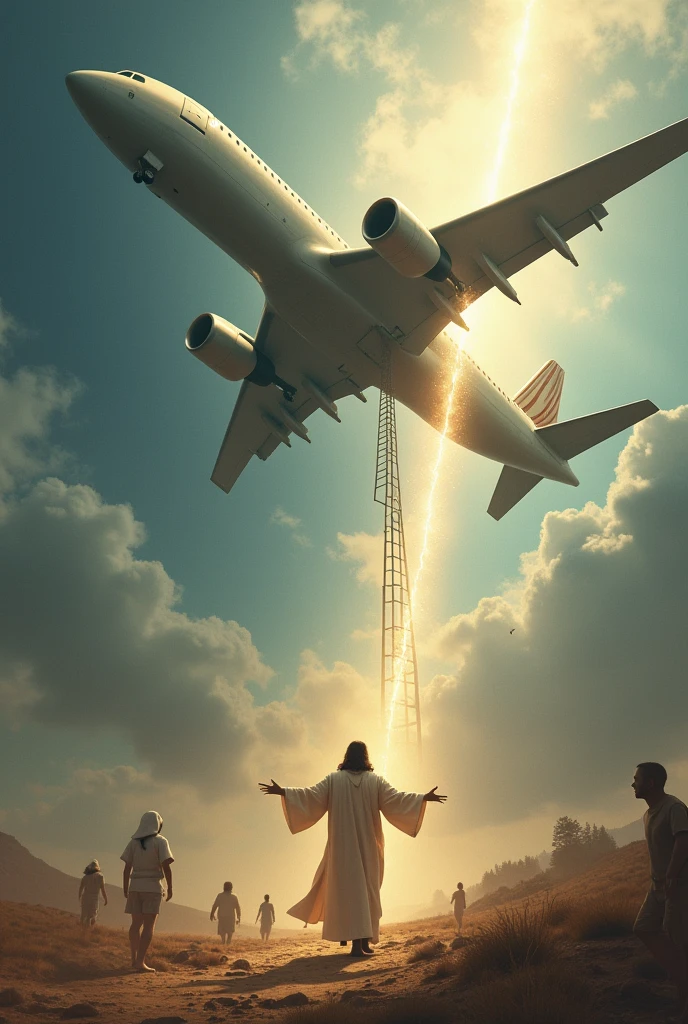 A very large plane on its side with a ladder coming out of it and a line coming out of the plane and walking towards the sky where there Jesus with open arms and happy is waiting for the people