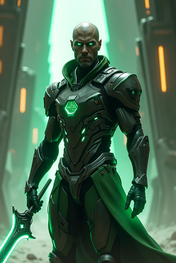 Man in technological clothing and green sword in hand showing his face 