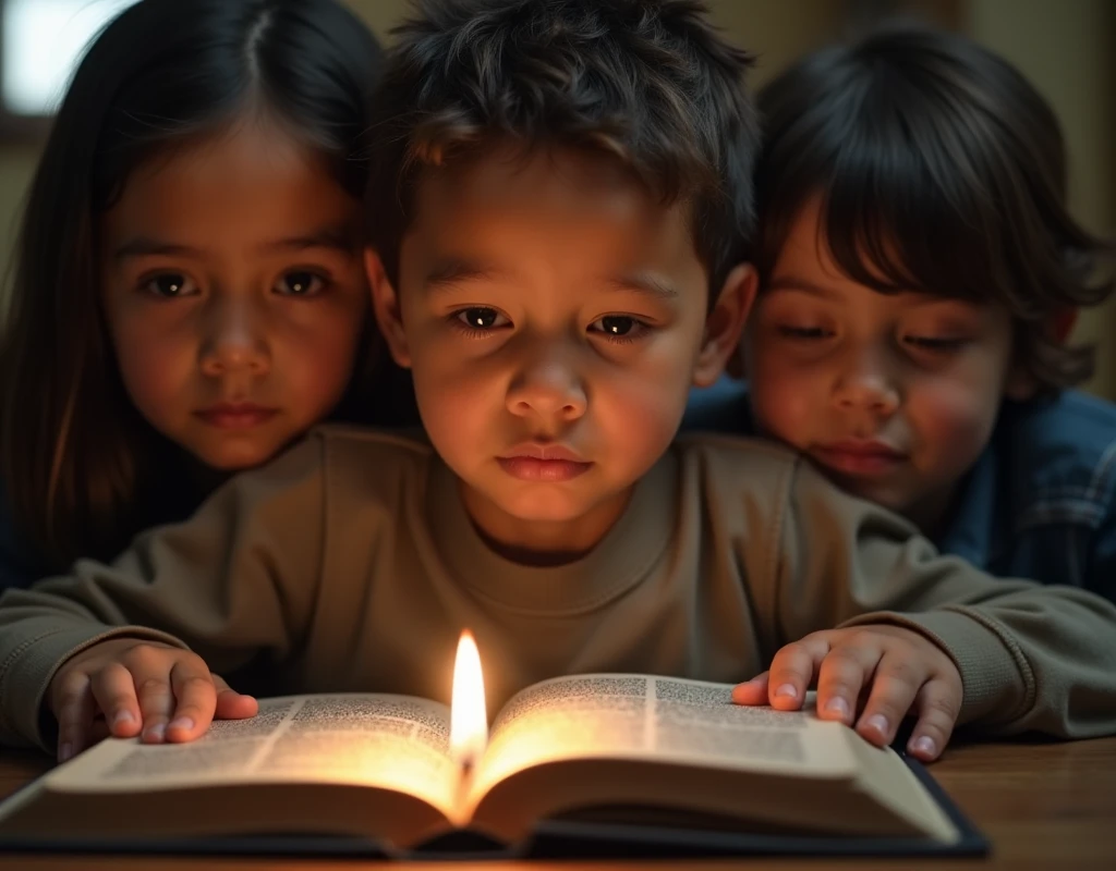 high quality photo exposure of {Kids learning bible with a pastor}, serious faces, detailed faces, skin pores, cinematic shot