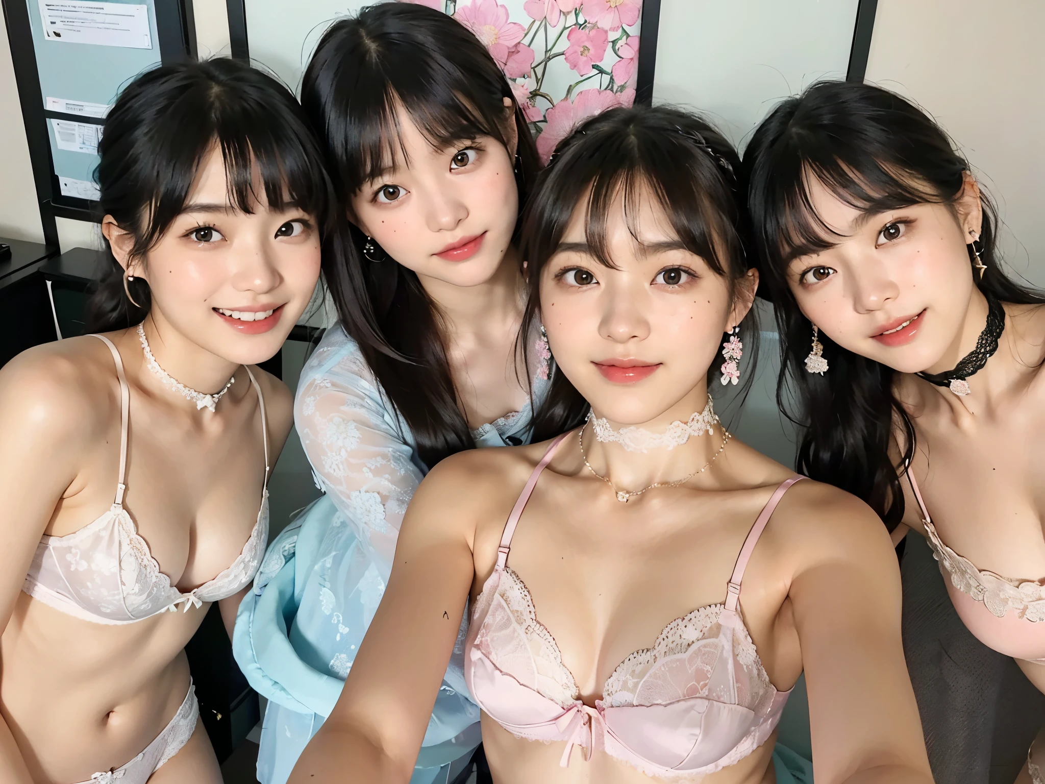 (A selfie photo of three Japanese idols), 20-years-old, (standing closely), (In the office), (All smiling), (All looking at the viewer), best quality, masterpiece, (Wearing pastel-colored embroidered lacy lingerie with detailed floral pattern and panties), (choker), ((Double eyelids)), Bangs down, Hair tied-up, earrings, ((Big beady eyes)), ((All shy))