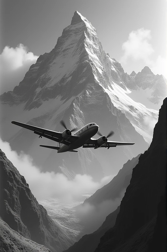 give a black nd withe photo of airplane gonna crash into a beautiful mountain