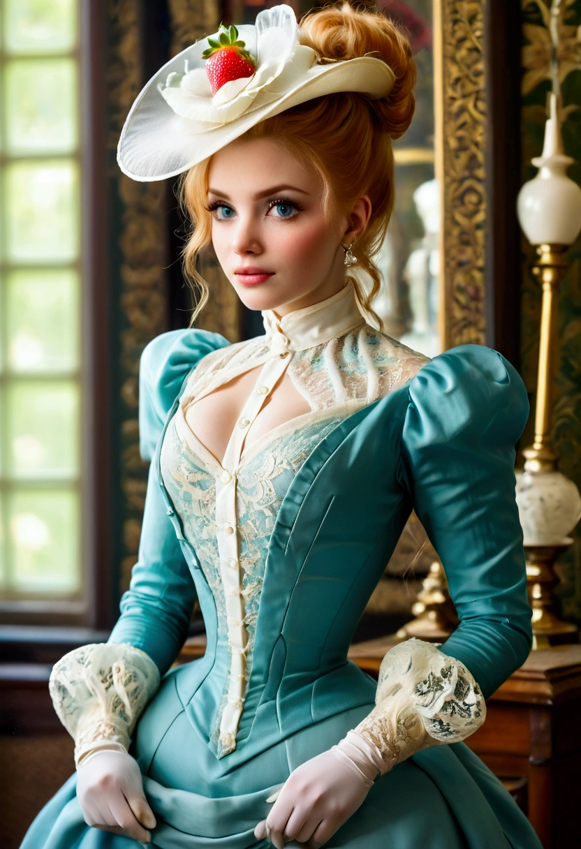 1girl. Humanized Daisy Duck as a hot **** Gibson Girl nympho, seducing a horny 69yo gentleman. 1890s fashion. Victorian high-collar turquoise dress with long sleeves cuffed into wrist-high white silk gloves. Sheer peek-a-boo top. 1890_dr3ss, elegant picture hat. (((Strawberry blonde hair))). Large bosom, 9-inch wasp waist, big booty. Thicc thot. Slutty demeanor. Sexy pose. Porcelain skin. Full body