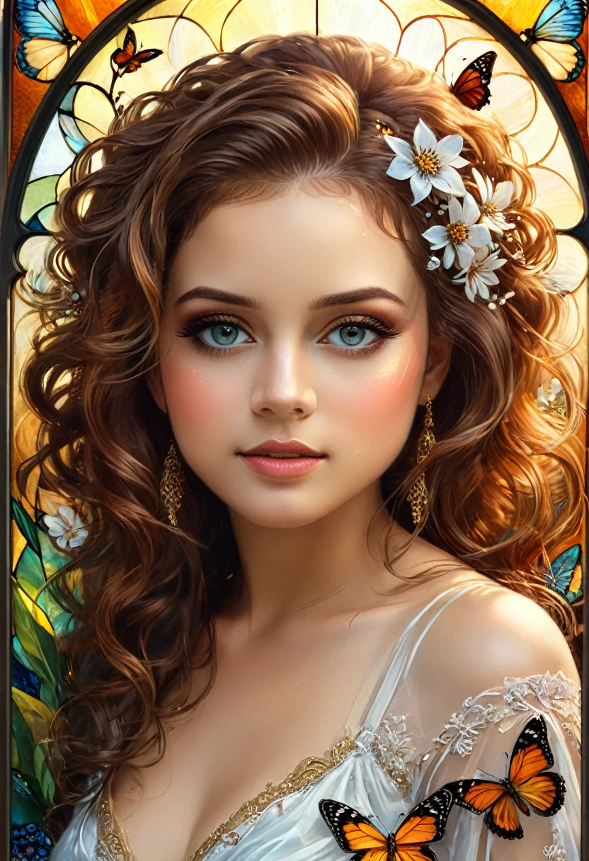 8k, half-length image of a beautiful and stunning girl, 23 years old, with intricate, curly brown hair, detailed and clear honey eyes, eyelashes and eyebrows
detailed and elegant, highly detailed, majestic, digital photography, artgerm art surreal painting golden butterfly filigree, broken colored stained glass, (masterpiece, side lighting, beautiful finely detailed eyes: 1.2), hdr, (detailed background window for a new dimension, plants and flowers: 0.7) infinity, infinity symbol.