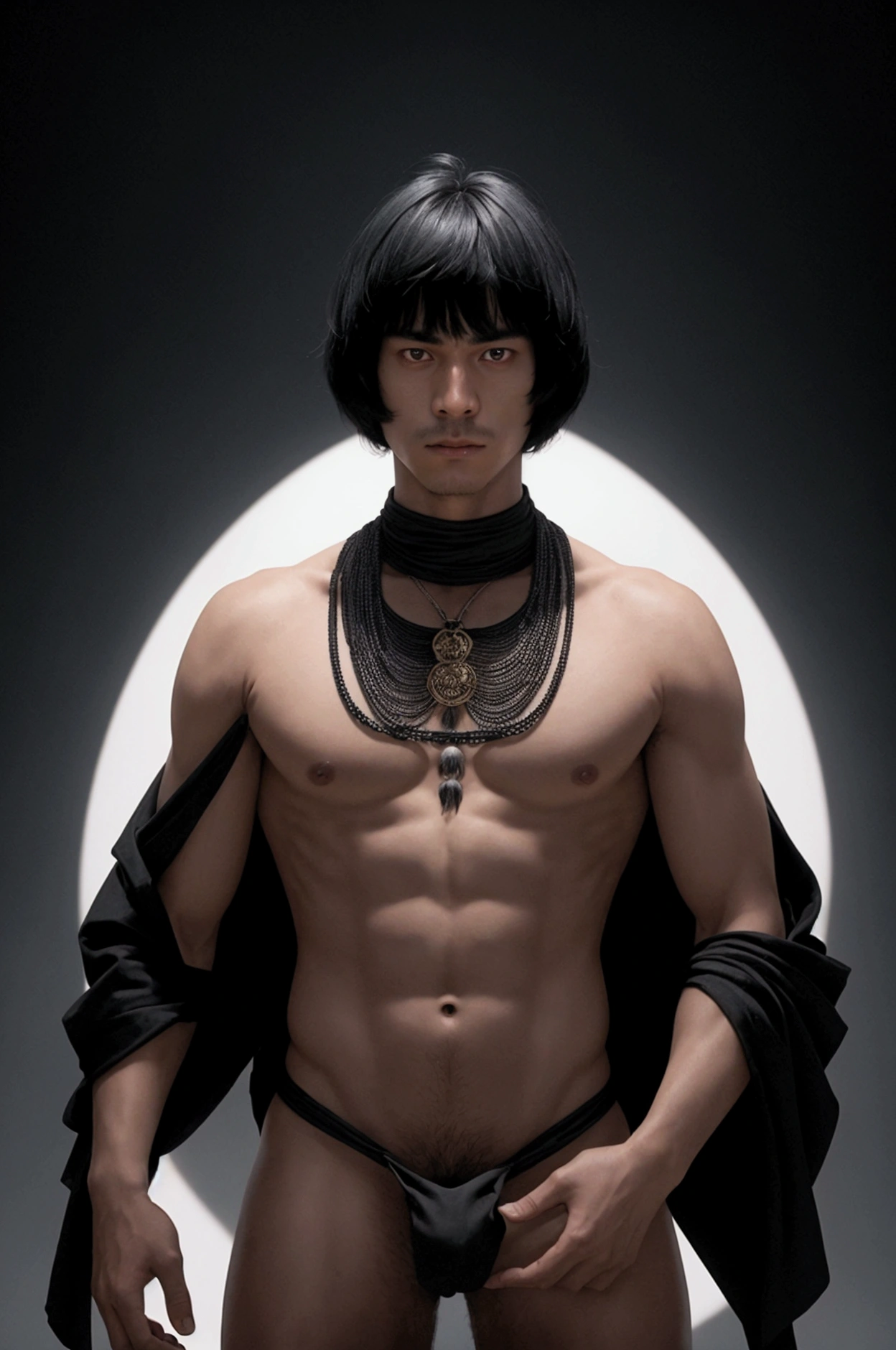 29 year old man, his skin is tropical latin, his hair is black bowl cut, black eyes, he is naked all over, behind him is a black infinite background, he is in a pose of invocation and witchcraft, his face is sexy and furious.