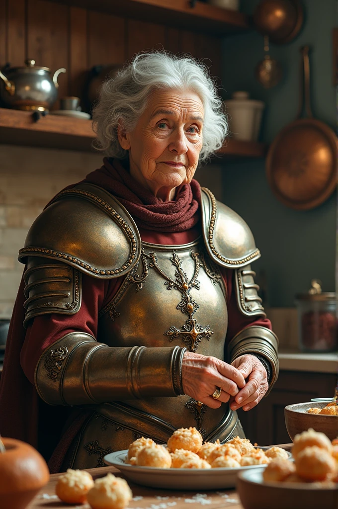 a grandma, dressed in the Cancer armor of the Knights of the Zodiac, in the kitchen making sweets
