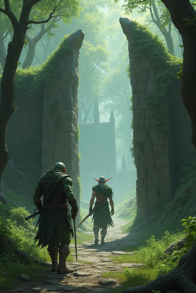 An [slender elven warrior, elf ears, pale skin] fights an [orc, green skin, bulky] outside the gates of an eleven fortress in a dense forest