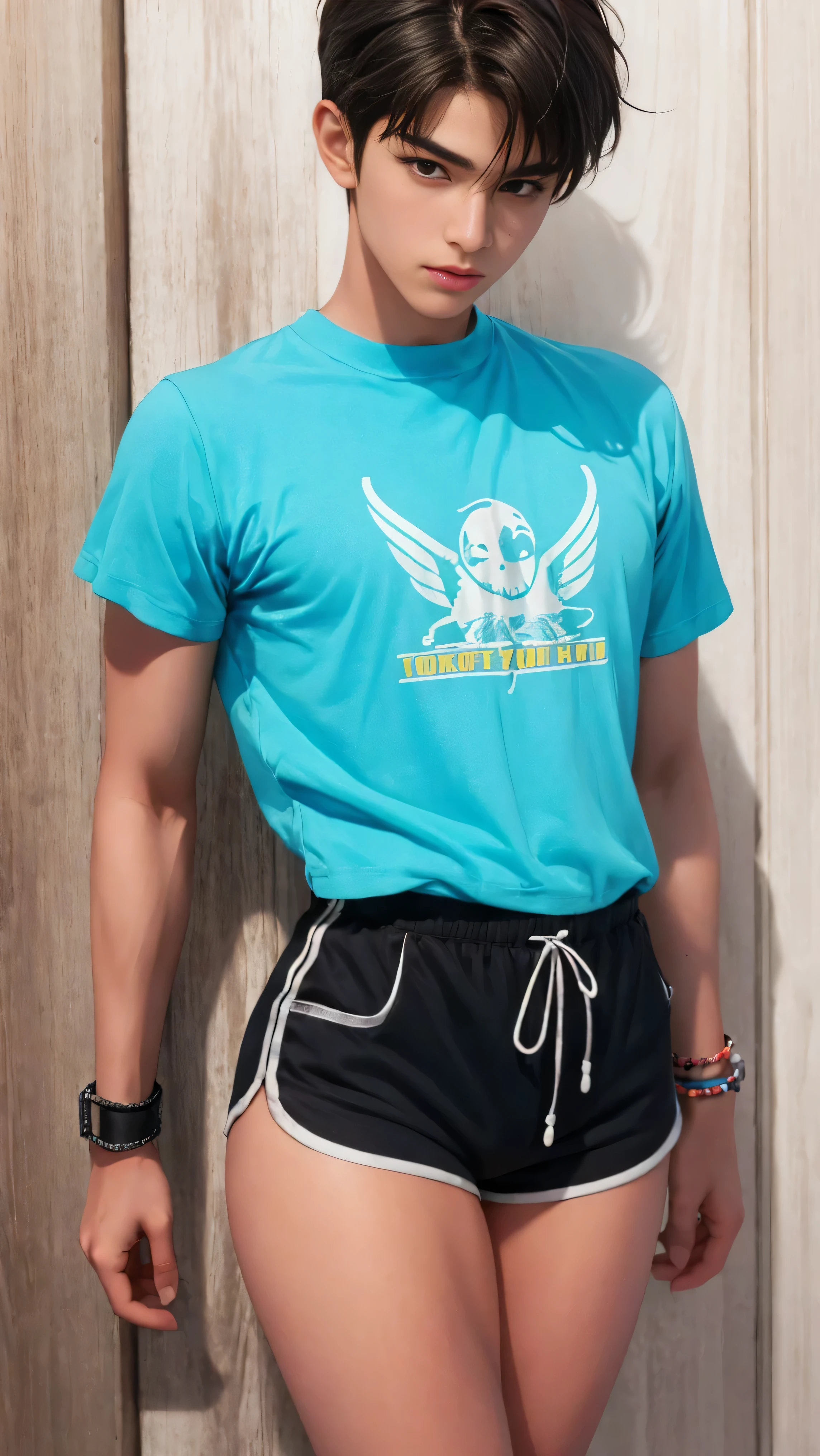 Handsome boy 18 years old, tanned, cute face, brown eyes, dark hair, bangs, wearing short sleeved cropped shirt and excessively short mini shorts, long slim legs, bracelets, flirtatious pose, hot summer, top quality