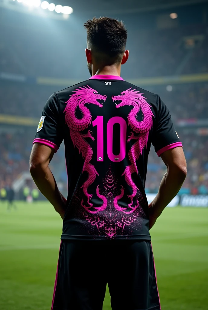Brazilian football uniform without player, from the back, black color, with pink dragons with the number 10,and pink scale on the left side 
