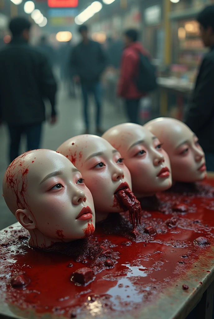 Horror, crazzy, Several decapitated heads of young woman, on a table, in a public market, full of blood, blood flowing, bleeding, photorealistic, 4K, Nikon, horror, Pretty face pale as a corpse, public market, asian face, realistic, hyper realistic