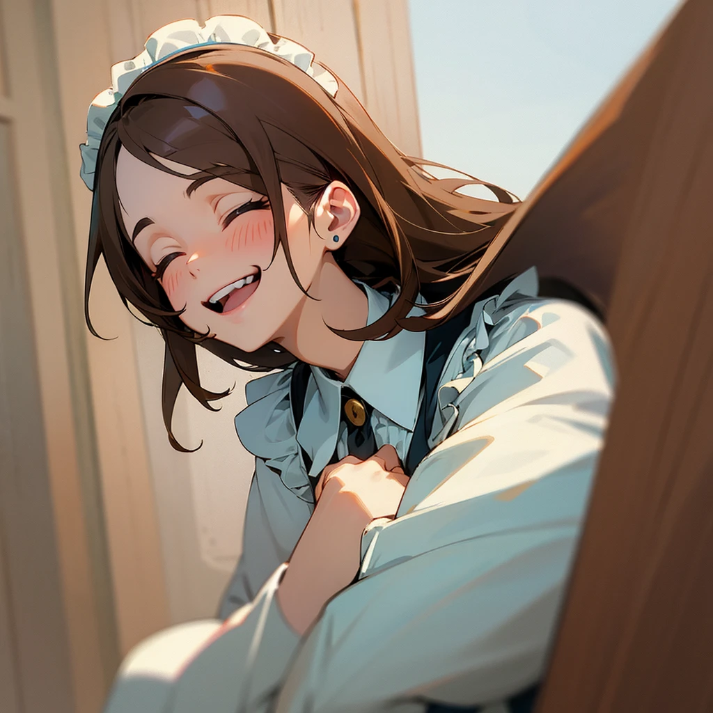 Maid uniform woman upper body brown hair mouth closed laughing
