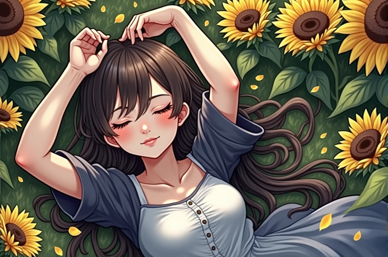 masterpiece, Highest quality, (Beautiful girl :1.2), Lying in a sunflower field, Get along、afternoon nap、art、Warm sunshine