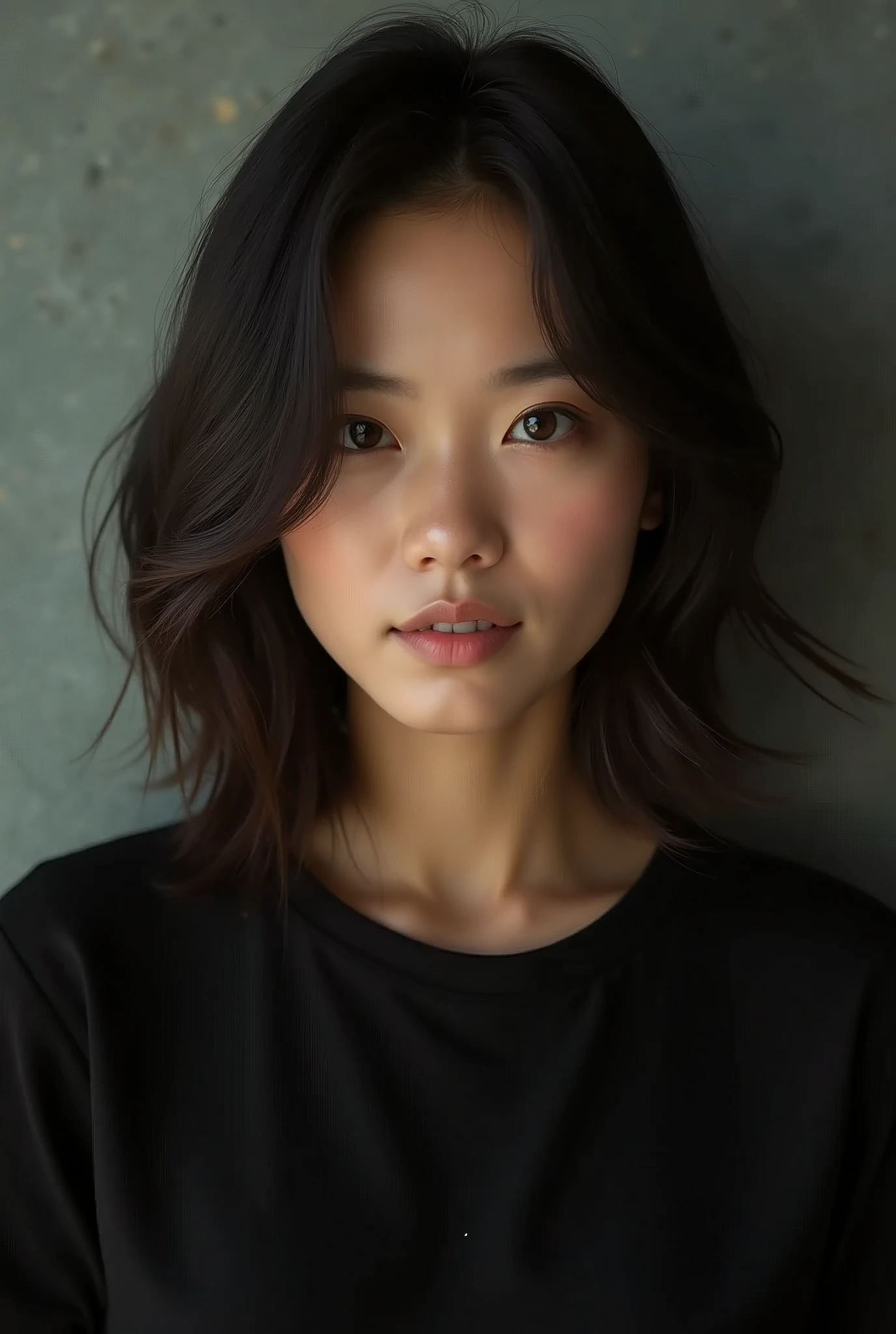 woman in a black tshirt, in the style of sterling silver highlights, samyang af 14mm f/2. 8 rf, realistic portrait --ar 71:128 --stylize 750 --v 6