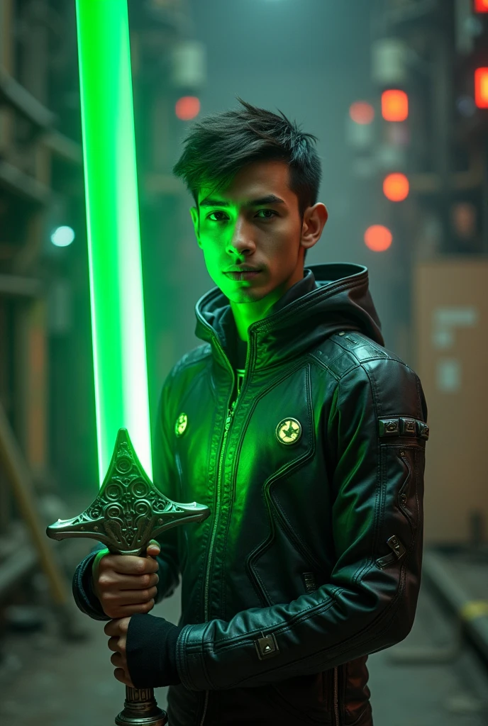 Young man in technological outfit with green sword in hand showing face 