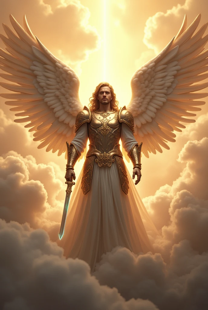 (super realistico) (supreme image quality) (work of art)(beautiful perfect face)(super verbose)

"Create an image of Archangel Michael, depicted as a majestic, protective figure with large, resplendent wings. He is dressed in shining armor and holds a blue light sword.. the background is heavenly, with soft clouds and a golden aura around him. The image must convey power, protection and a sense of divine peace."