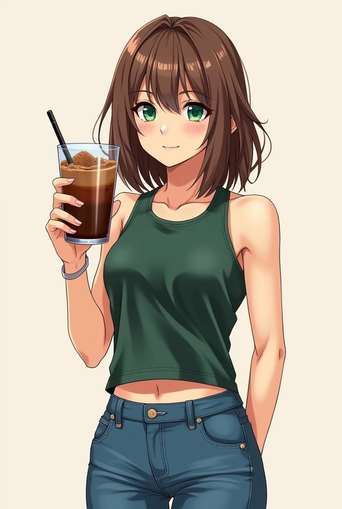A girl with a dark green sports blouse and blue jeans with shoulder-length brown hair and green eyes holds a glass with a chocolate cocktail. 2d pencil drawing and color drawing (as if drawn by a beginner in drawing. A drawing in the form of a small and finished sketch)
