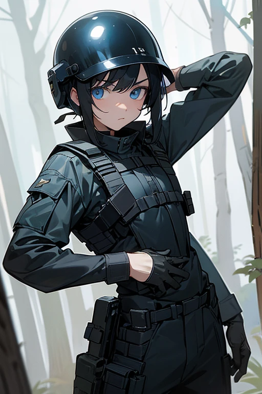 He is also equipped with modern gear such as a helmet., Best, Equipped with a P90 and ballistic shield、He holds a sword at his waist.、1 young man、Blue Eyes、Black Hair、short、Girl-like face、forest