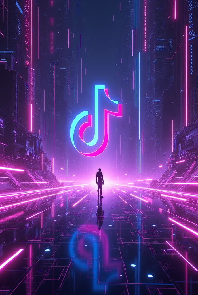 Design a dynamic background for a TikTok battle banner. The background should feature intense, futuristic elements like neon lights, holographic patterns, and a high-tech atmosphere with colors like purple and blue. Include the TikTok logo prominently, but leave the central area of the banner empty, creating a space where a person can be added later. The overall design should feel powerful and energetic, suitable for a competitive battle setting.