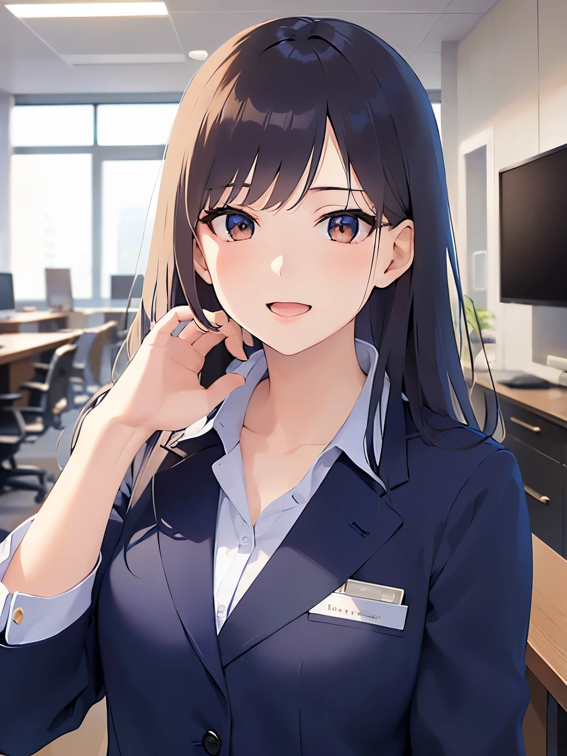 hand on own face, upper body, Realistic, real person, (pale skin: 1.2), RAW photo, photorealistic, shiny skin, shiny hair、(A 25-year-old woman with medium-length hair and bangs) and (wavy hair) and (brown hair) and (orange eyes) , (Navy blue business suit:1.5) and (white collared shirt) , smile, open mouth, Background is an office room、Alone、Are standing