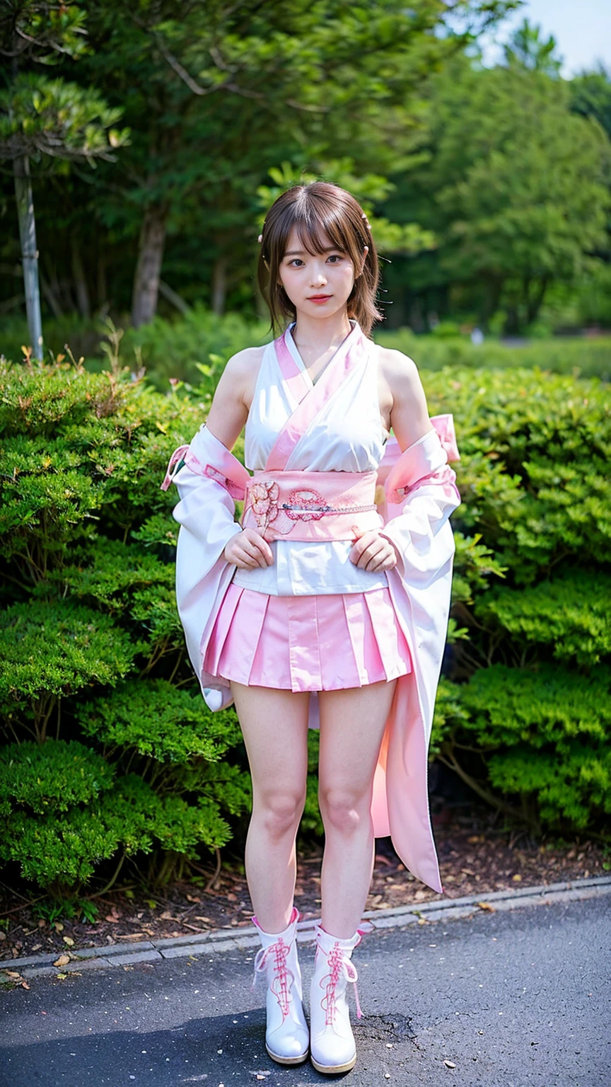 (8k、RAW Photos、Highest quality、masterpiece:1.2)、(Realistic、Realistic)、1 girl、((Long-sleeved kimono、white、pink、navy blue、Shoulder visible、Breast enlargement、boots、ribbon、garden、Thin legs、mini skirt、whole body、View from the front、Looking into the camera、Stand with hands on hips))、cute