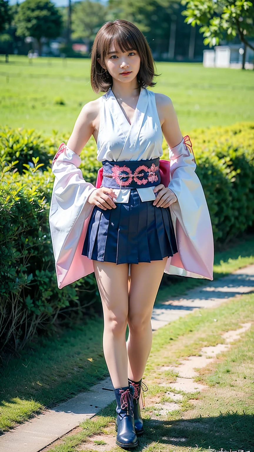 (8k、RAW Photos、Highest quality、masterpiece:1.2)、(Realistic、Realistic)、1 girl、((Long-sleeved kimono、white、pink、navy blue、Shoulder visible、Breast enlargement、boots、ribbon、garden、Thin legs、mini skirt、whole body、View from the front、Looking into the camera、Stand with hands on hips))、cute
