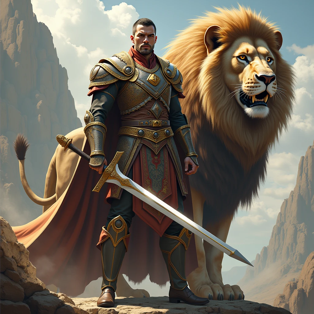 Royal Man with sword with background Lion and text named Lawrex