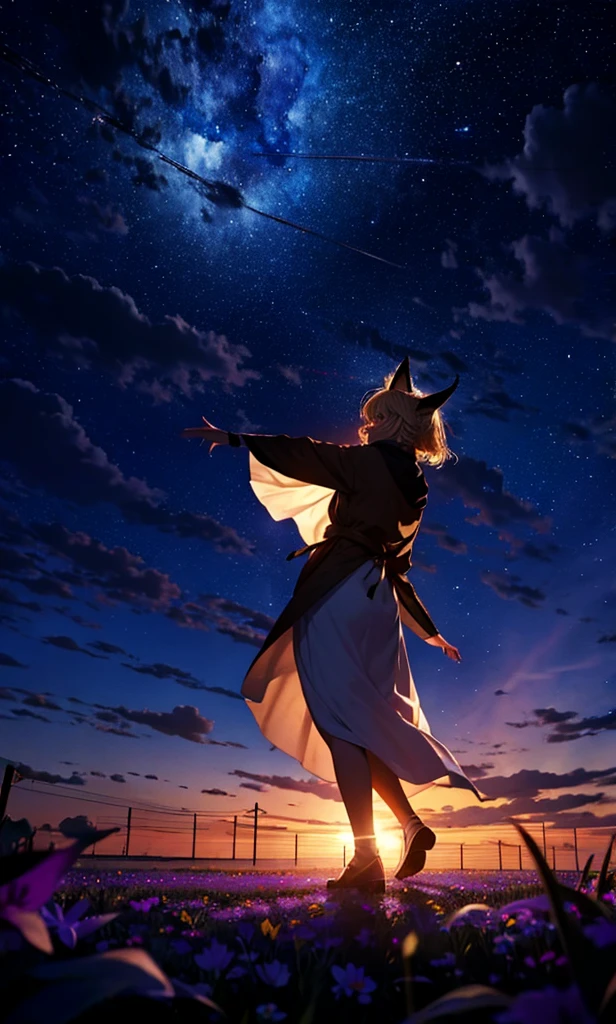 1people々々々々々々々々々々々々々々々々々々,Woman with medium length blonde hair,Fox Ears,Long coat,Takageta, Dress Silhouette, Rear View,Space Sky, Flower Field,Colorful flowers,Dancing Petals,full moon,shrine,