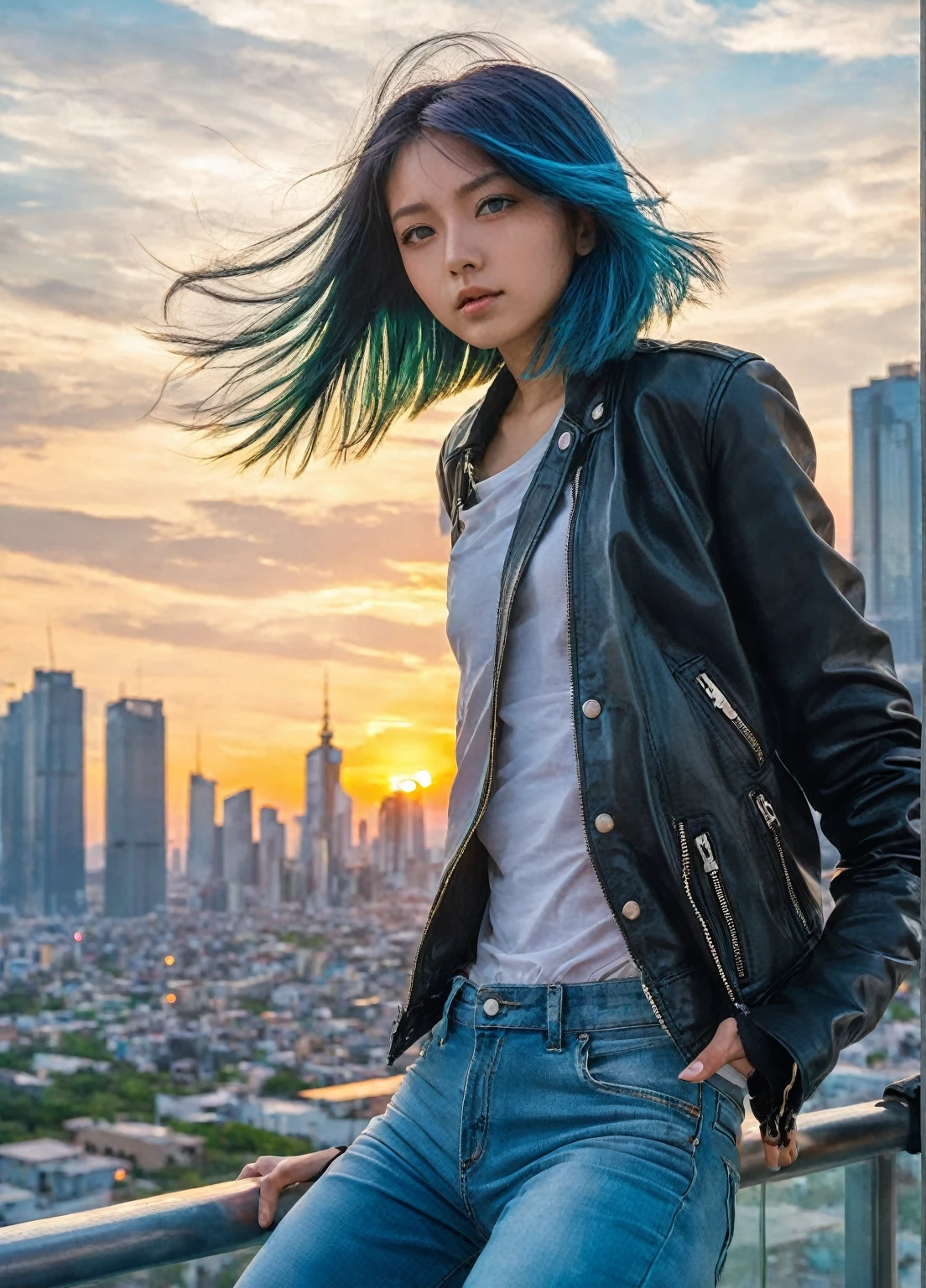 masterpiece, akane, realism, high quality, 8k, beautiful lighting, 1girl, solo, green eyes, medium_hair, , blue hair, panoramic bird's-eye view of the city, with numerous skyscrapers, roads and glowing windows of buildings. A light wind blows the girl's hair, adding movement to the frame. In the background there is a sky in golden and pink shades of sunset, creating a contrast with the urban landscape. The girl is dressed in a modern, urban outfit – high-waisted jeans, a leather jacket and heeled boots