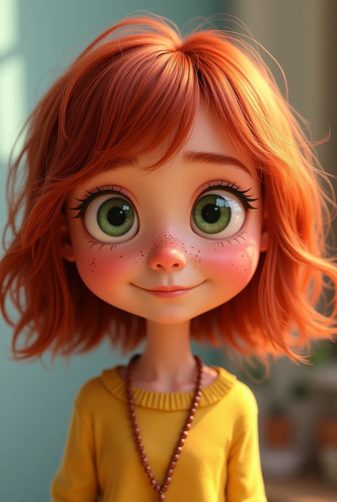 Lucy wilde from despicable me as a 5  girl
(Middle to long slightly curly red hair with small bangs. Green eyes and slight freckles. Very big slight spiky nose.)