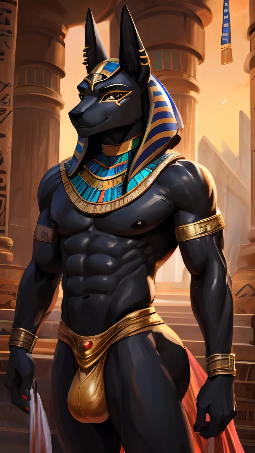 1 male, ((Gods of Egypt)), Guviz-style artwork, made with anime painter studio, anime realismスタイル, Realistic anime art style, painted in anime painter studio, Inspired by Anubis, In an anime style, anime handsome guy, Inspired by Anubis, anime realism, black hair, A smile, a choker, Multiple piercings, (((Anubis God of Egypt))), Male one, Inspired by Anubis, gold Egypt outfit, Egypt pyramids on background, standing, full body, ((round buttocks)), big ass, big bulge crotch, (((smooth ebony skin))), glossy skin, Anubis face, big glossy and smooth testicles,